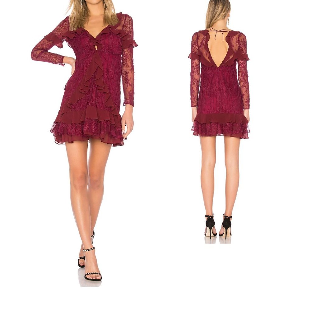 For Love & Lemons Burgundy Lace Ruffle Mini Dress